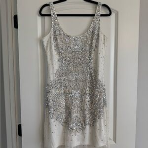 Adrianna Papell Silver Sequin Beaded Cocktail Dress